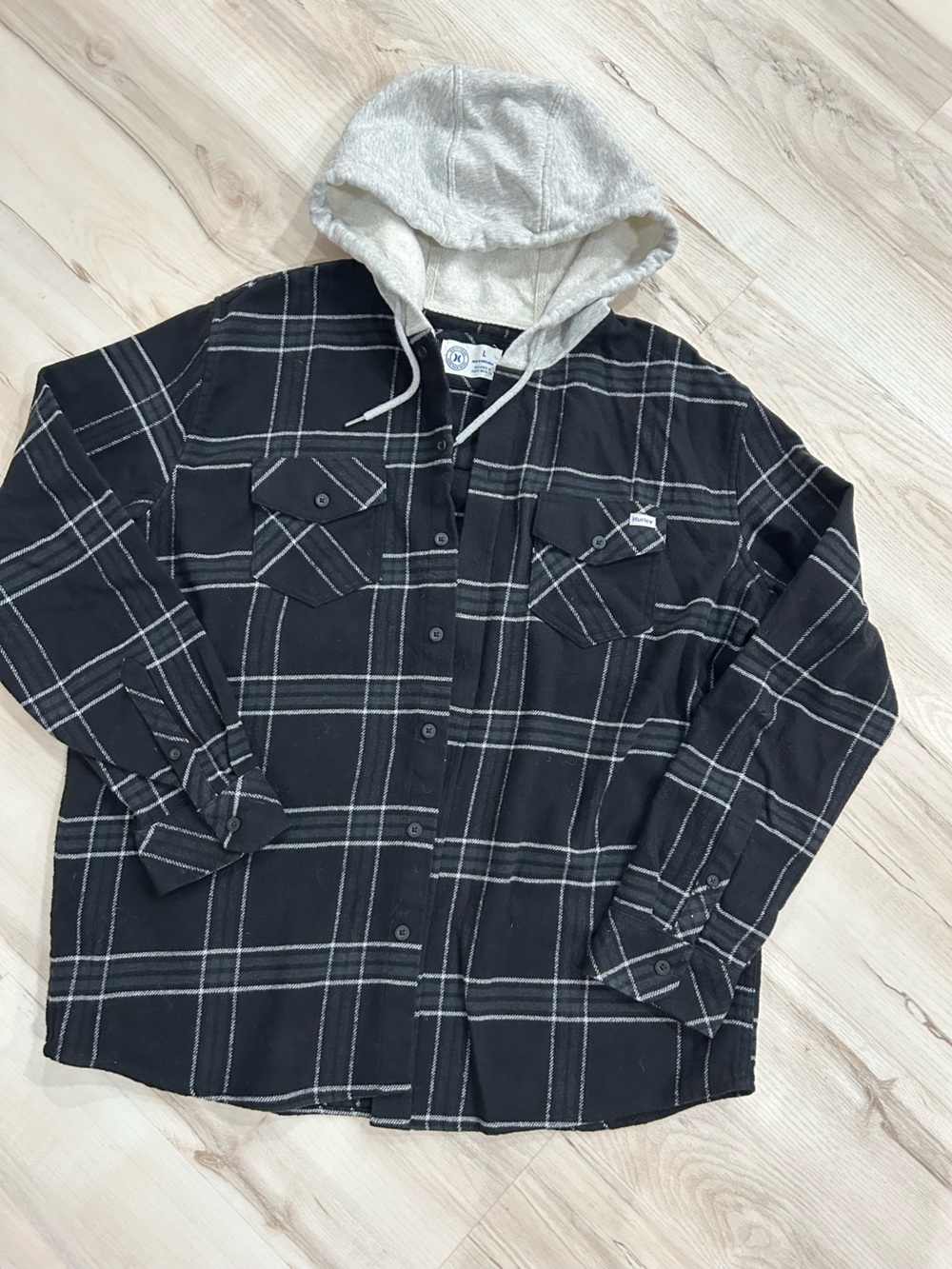 Hurley Black & Gray Plaid Hooded Button-Up Jacket